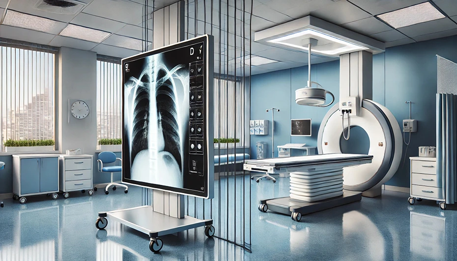 Comparison of mobile and stationary X-ray screens in a modern medical environment, highlighting differences in design and functionality.
