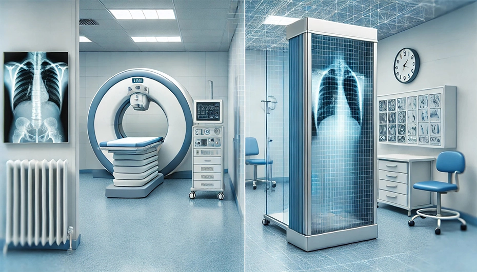 The evolution of x-ray screens in medicine: a mobile screen with a thin lead glass panel, presented in a modern medical environment.